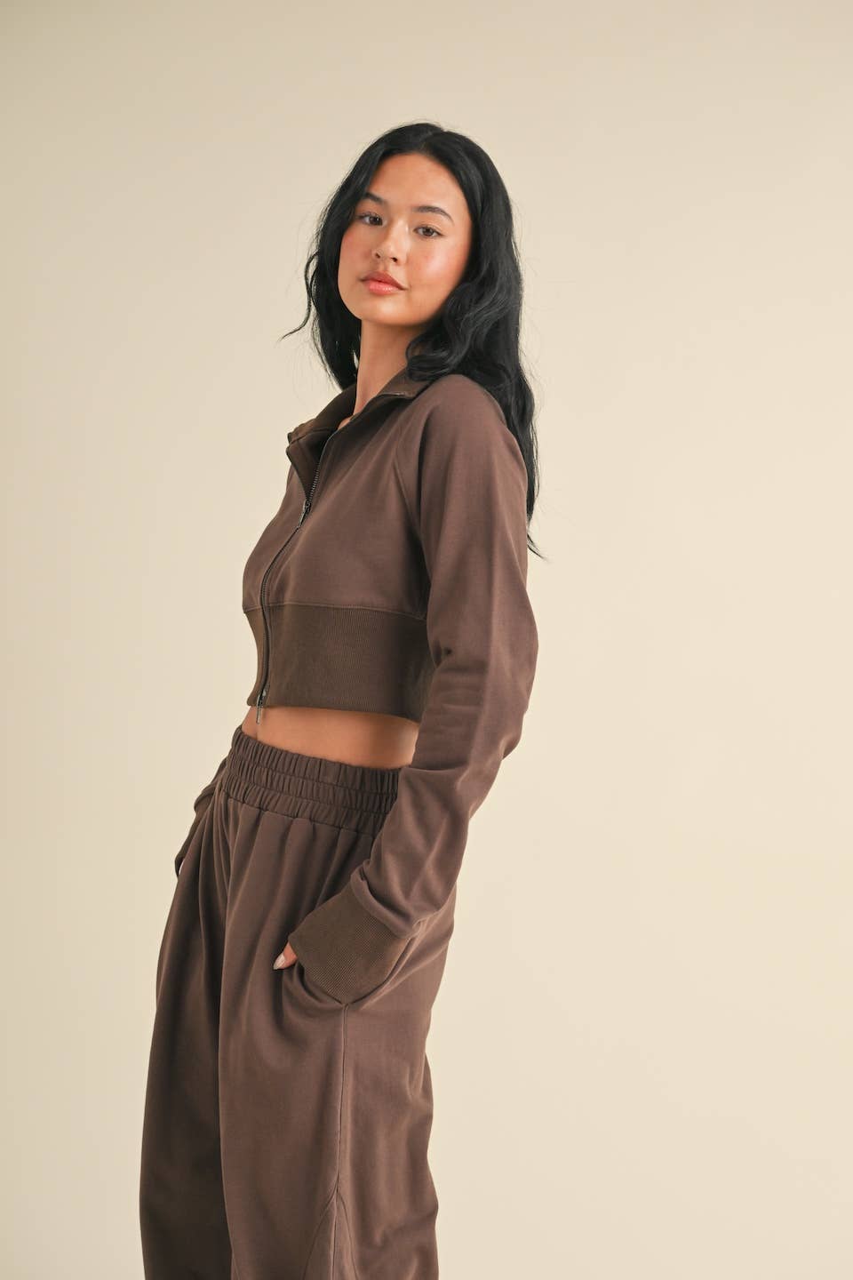 French Terry Crop Jacket and Flowy Jogger Pants Set