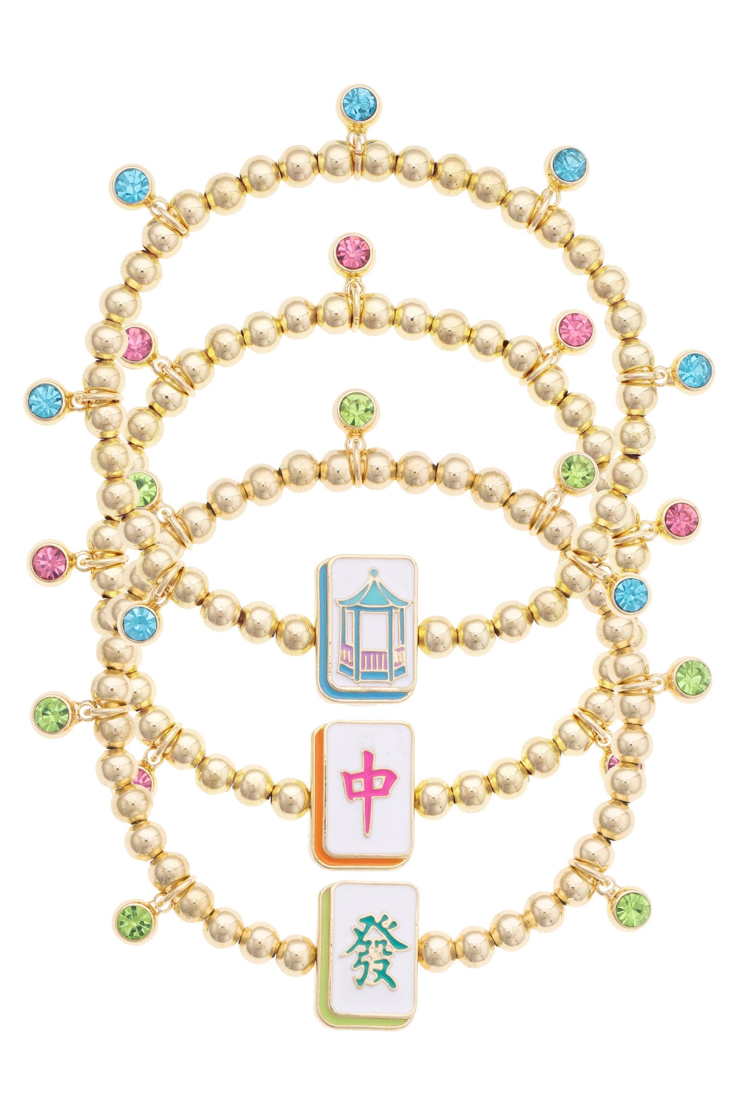 Mahjong Lucky Charms Ball Bead Bracelet Set of 3 in Gold
