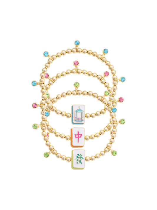 Mahjong Lucky Charms Ball Bead Bracelet Set of 3 in Gold