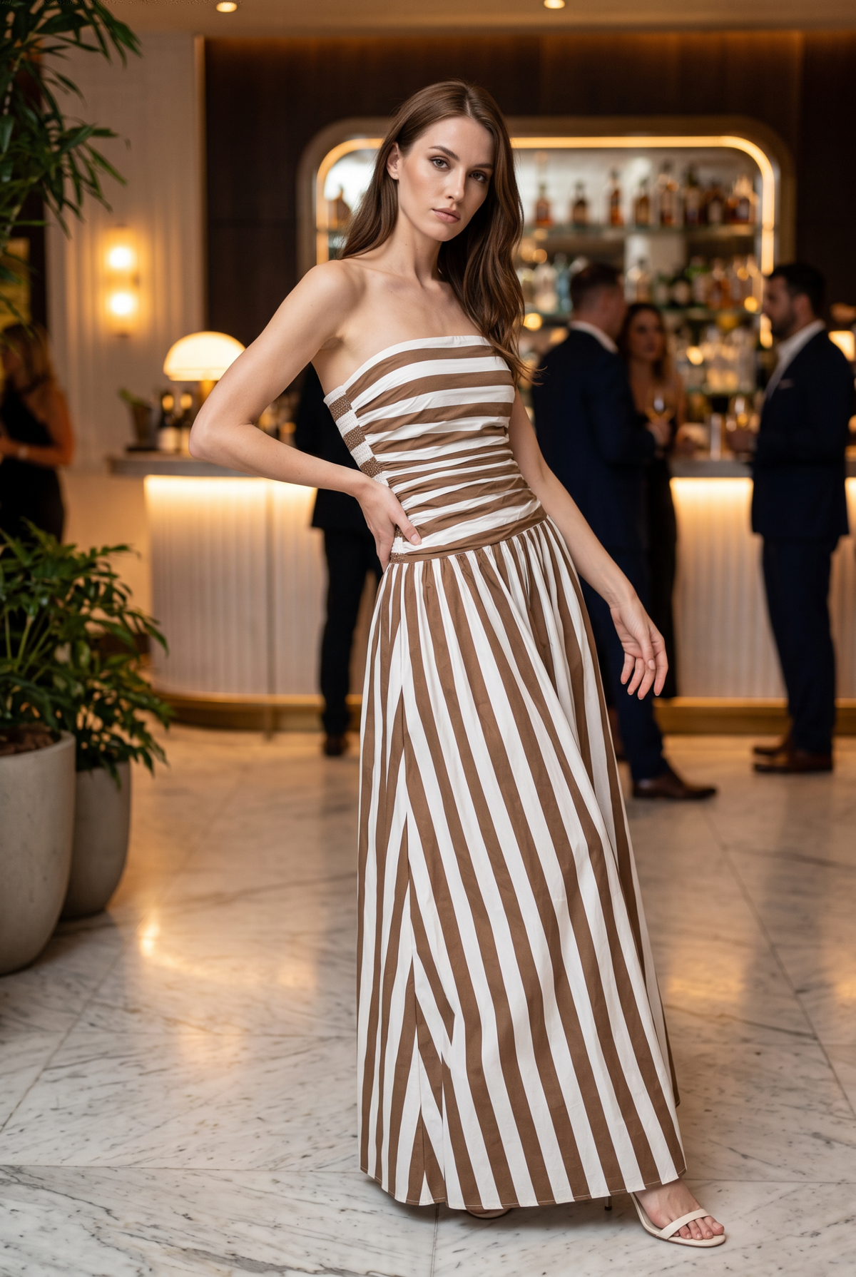 Stripe ruched strapless maxi dress