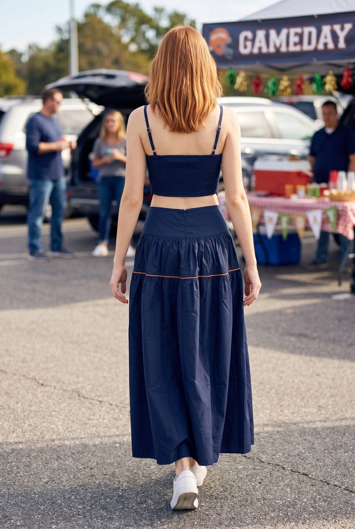 Exclusive Lace Trimmed Top & Skirt Set: NAVY/WHITE / M
