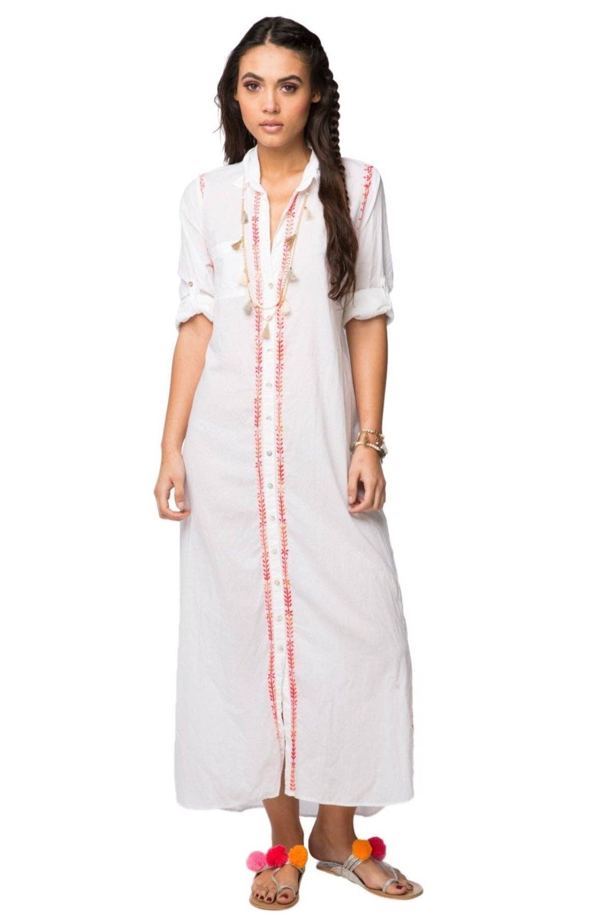 Maxi Boyfriend Cotton Shirt Dress with Contrast Embroideries