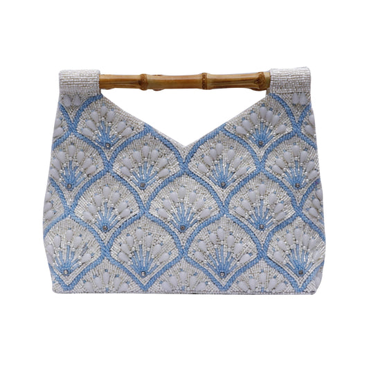 Fully Beaded Pale Blue and Cream Bag