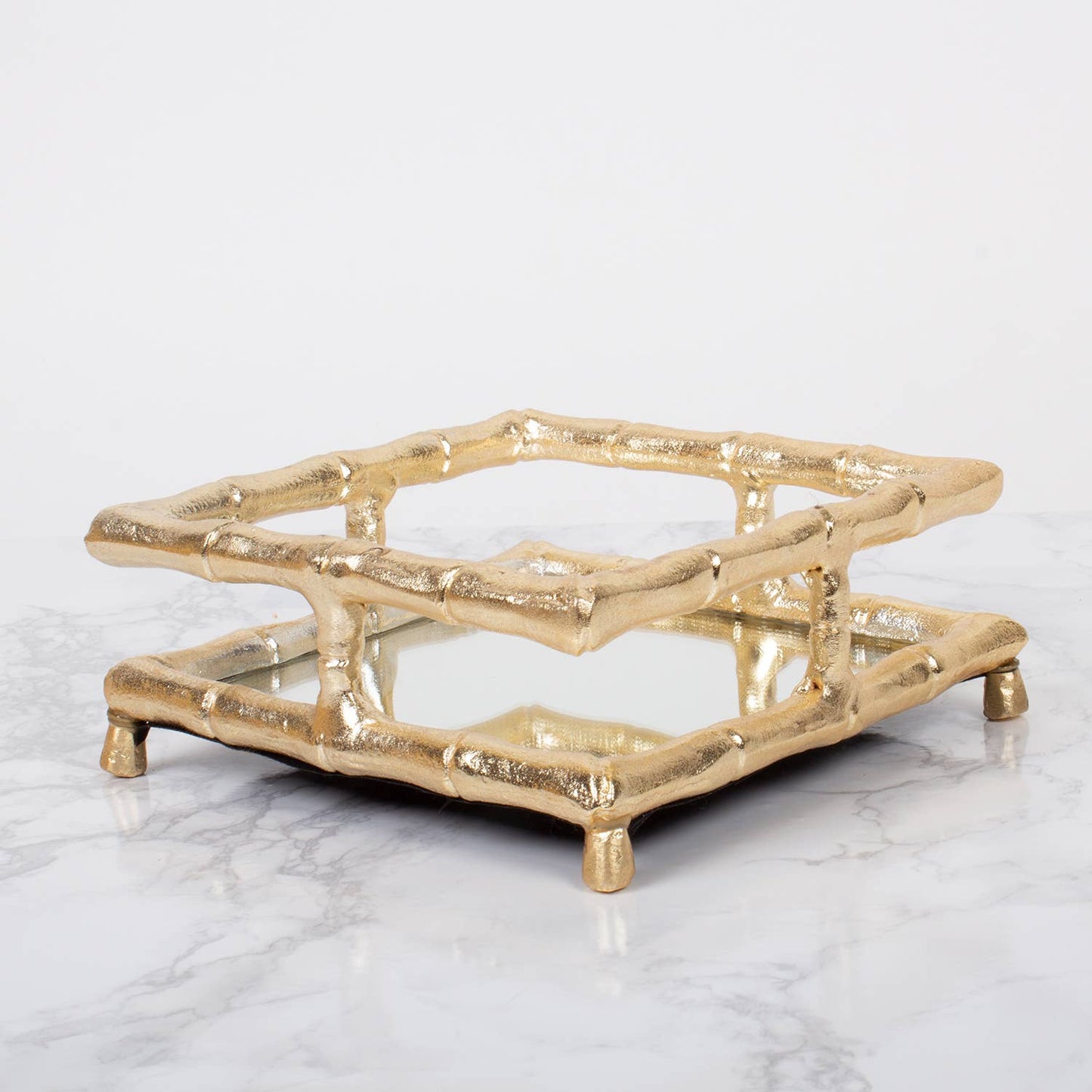 Gold Bamboo Cocktail Napkin Tray with Mirror Base
