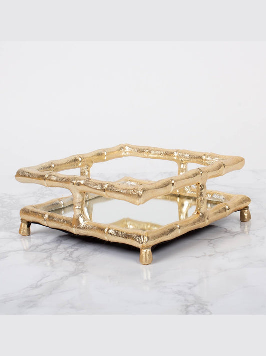 Gold Bamboo Cocktail Napkin Tray with Mirror Base