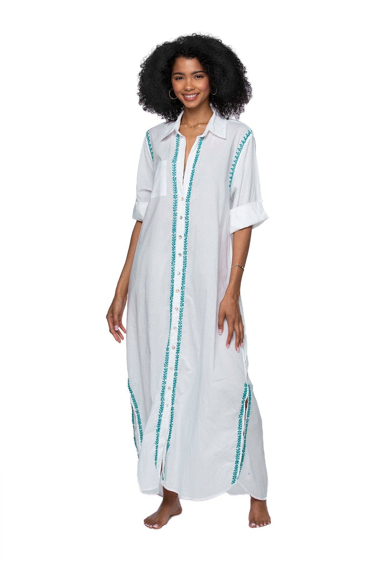 Maxi Boyfriend Cotton Shirt Dress with Contrast Embroideries