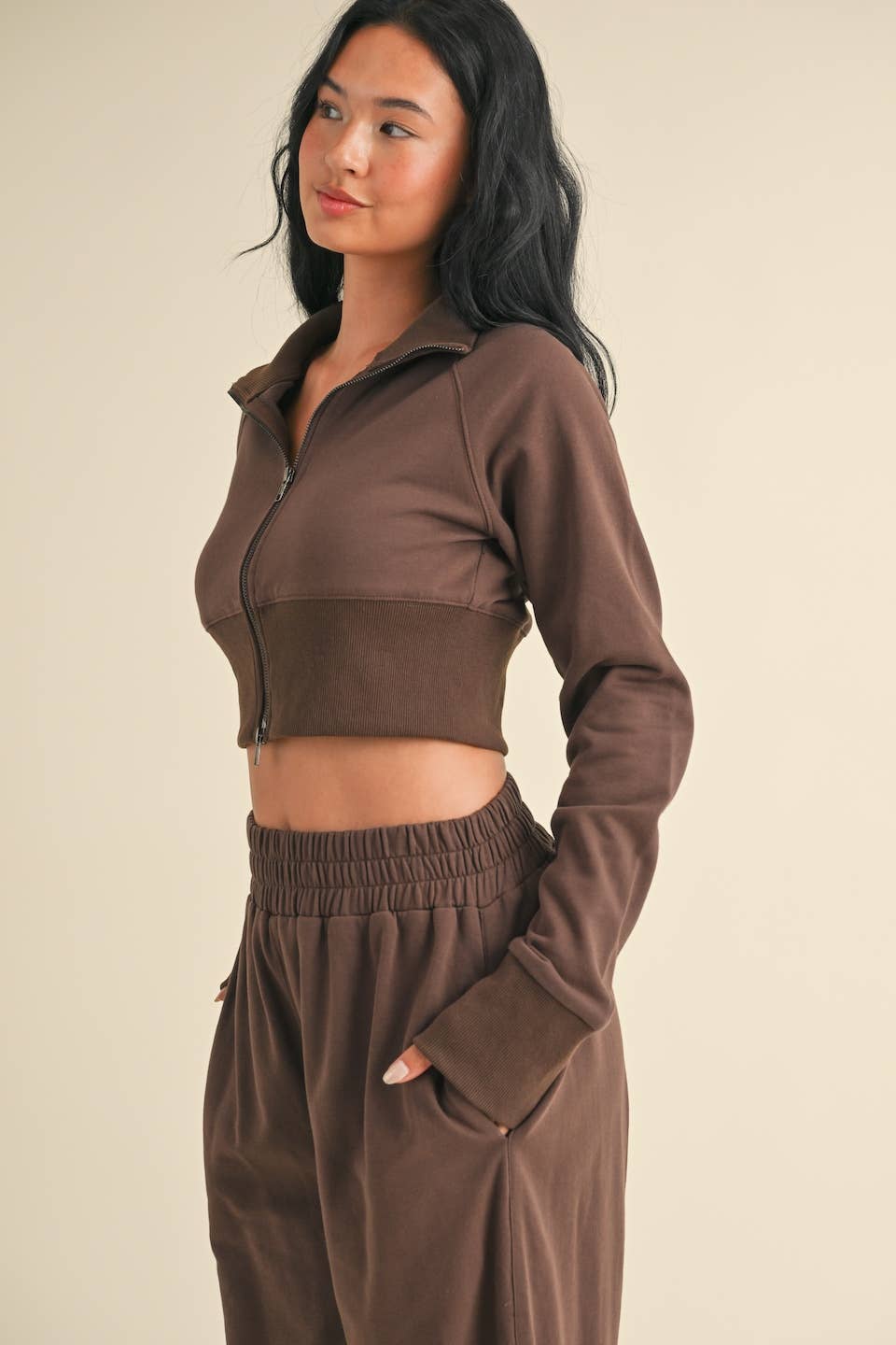 French Terry Crop Jacket and Flowy Jogger Pants Set