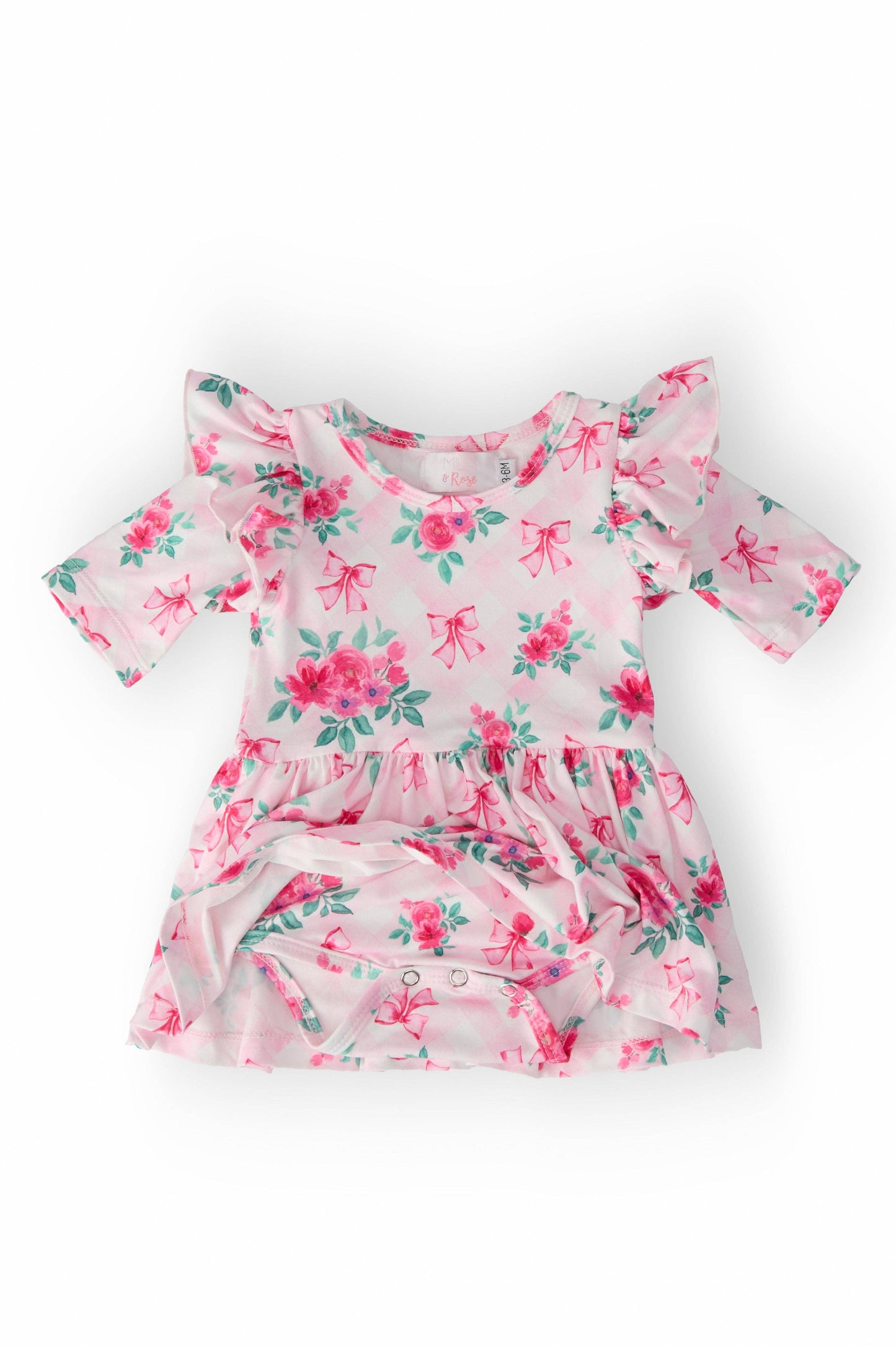 Gingham Bows 3/4 Sleeve Flutter Twirl Bodysuit