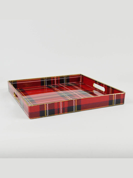 Red Tartan Plaid Square Resin Serving Tray