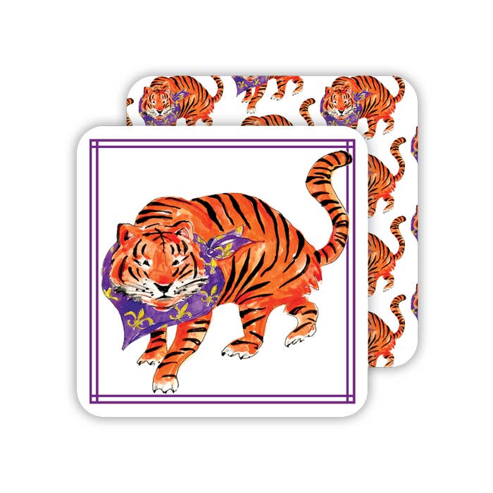 Tiger with Fleur de Lis Bandana Square Coaster