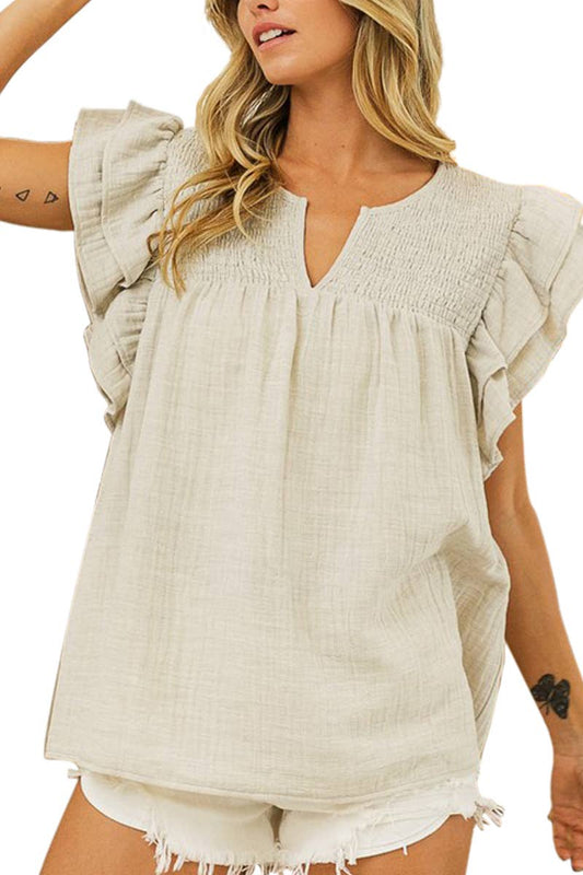 Crinkle Gauze Ruffle Smocked Yoke Top