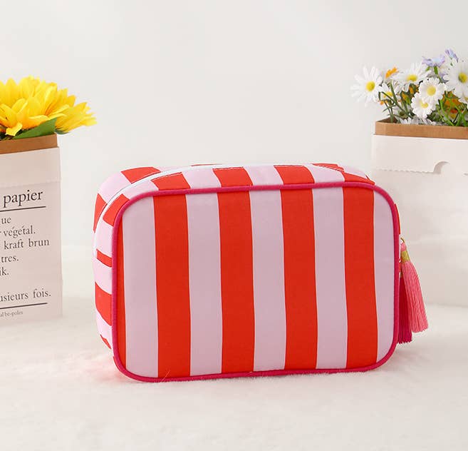Color-Blocked Striped Pouch Bow Tassel Zipper Makeup Bag
