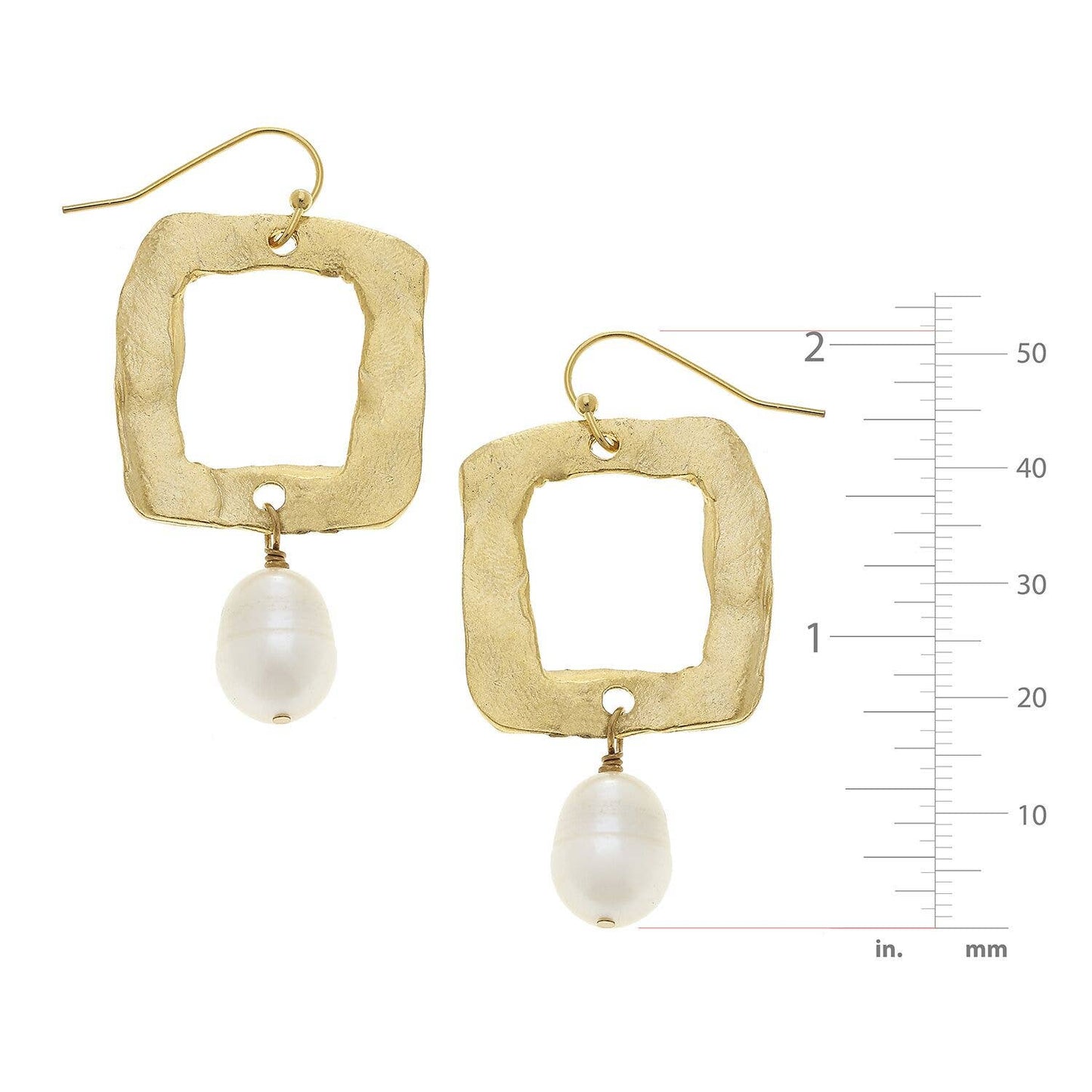 Gold Open Square and Genuine Freshwater Pearl Earrings