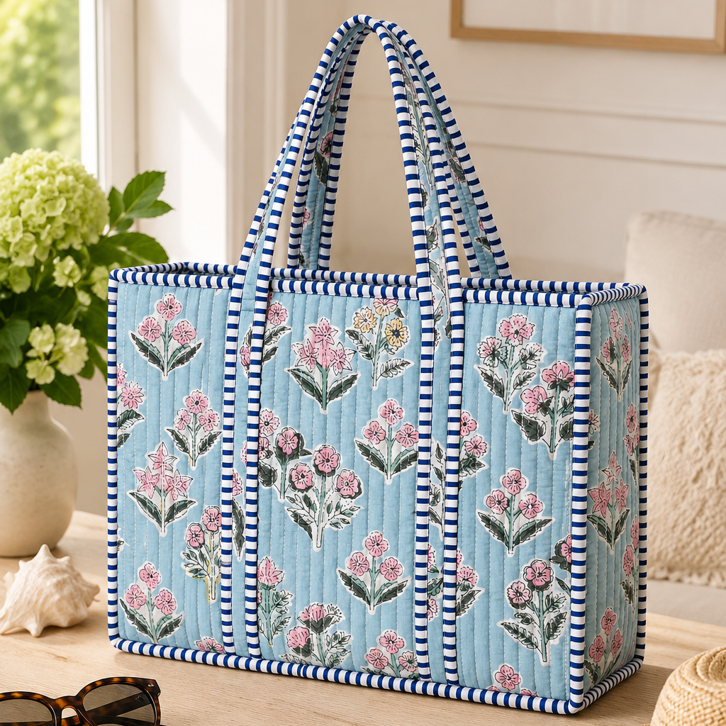 Light Blue Floral Quilted Bag Print
