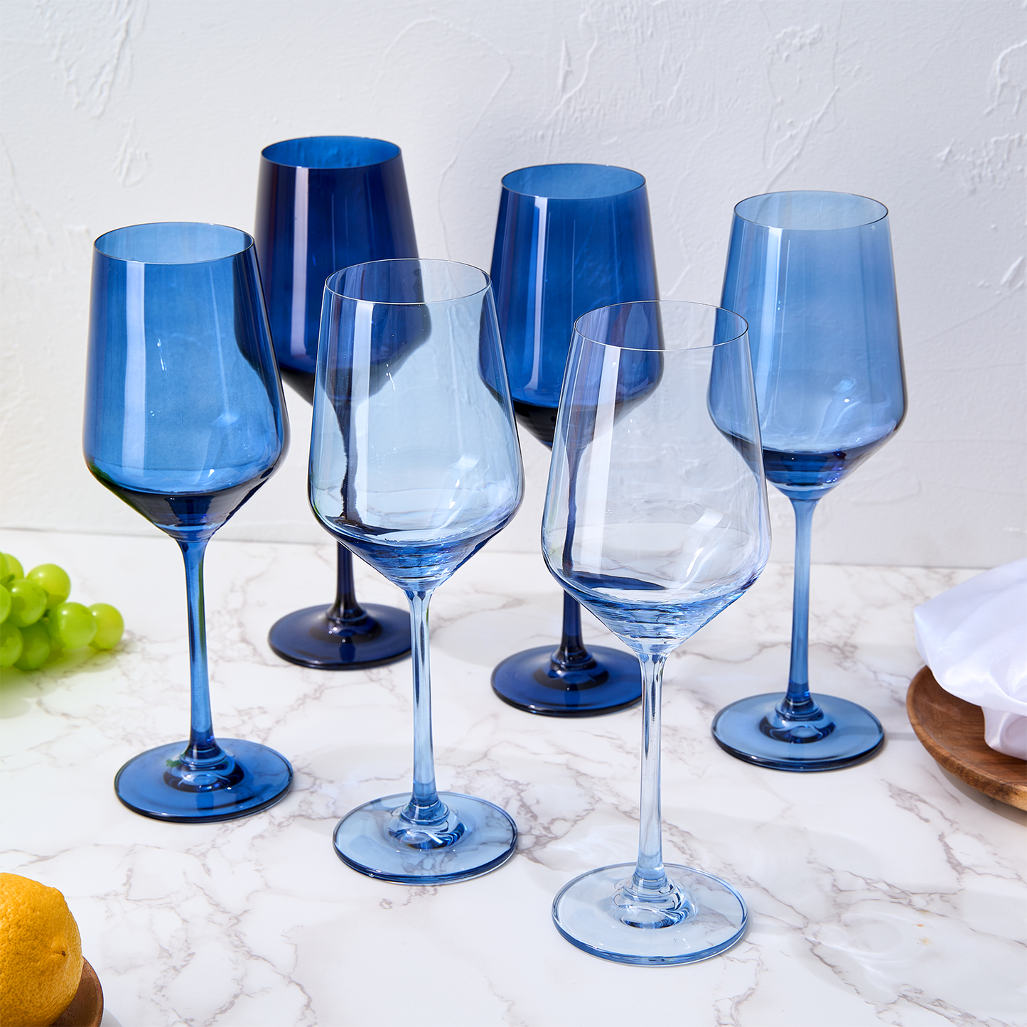 6 Shades of Blue Colored Crystal Wine Glass Set