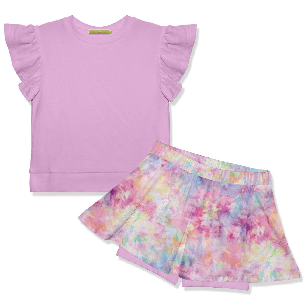 Girls Lilac Angel-Sleeve Top & Candy Tie-Dye Skort