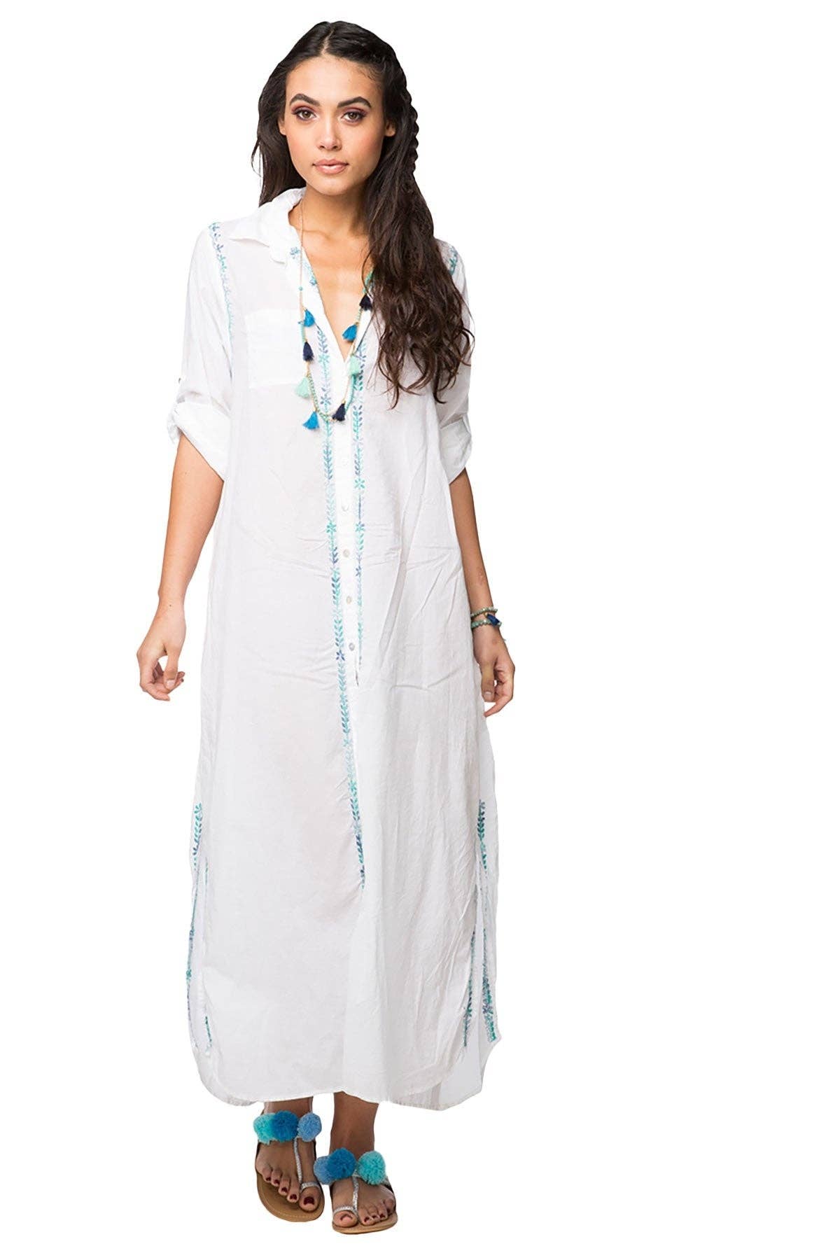 Maxi Boyfriend Cotton Shirt Dress with Contrast Embroideries