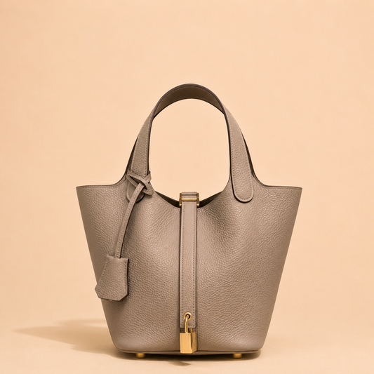 Leather Handbag with Lock - Soft Taupe