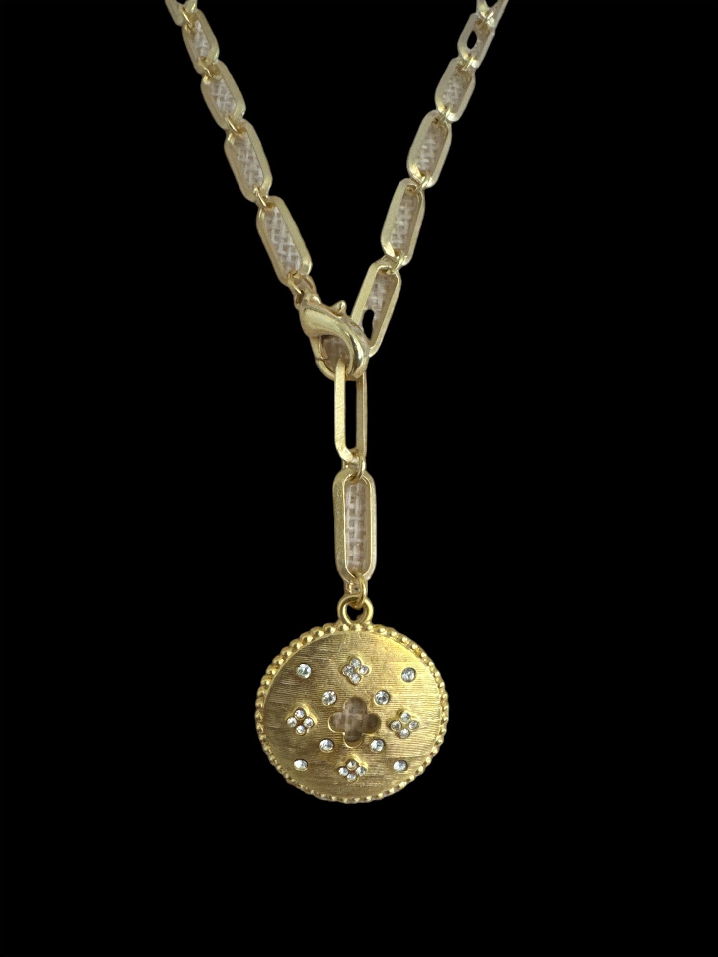 Gold Link Necklace with Pave Flowers and Cut Out