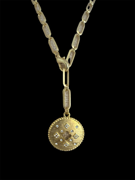 Gold Link Necklace with Pave Flowers and Cut Out