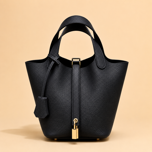Leather Handbag with Lock - Black Mink