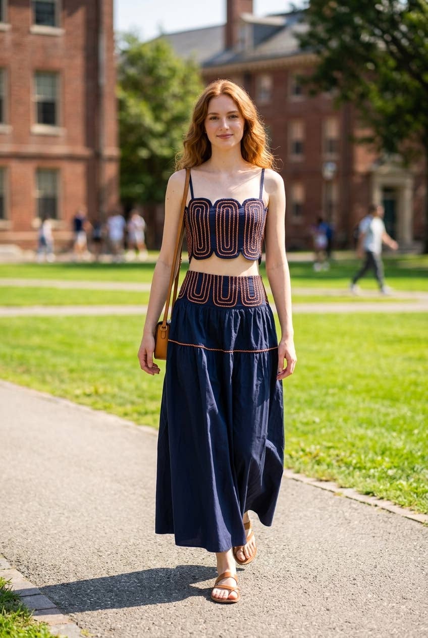 Exclusive Lace Trimmed Top & Skirt Set: NAVY/WHITE / S