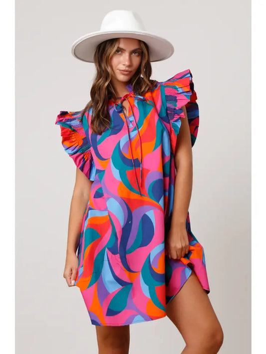 Poplin Flutter Sleeve Geo Print Dress