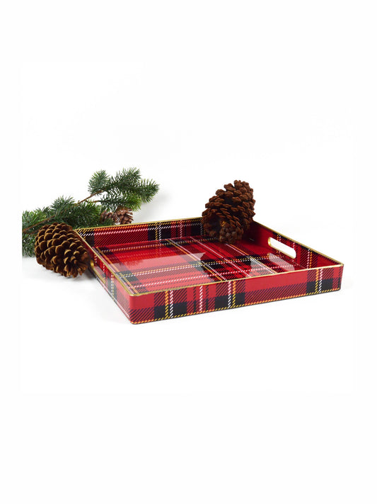 Red Tartan Plaid Square Resin Serving Tray
