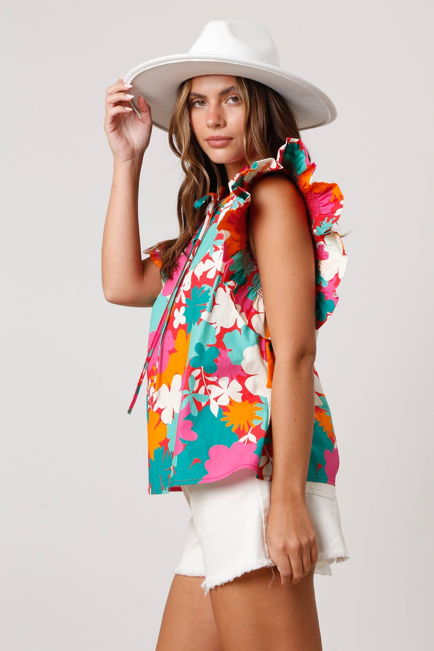 Poplin Floral Print V-Neck Ruffle Top