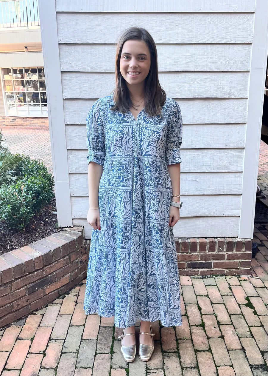 Montauk Dress in Blue with White Geometric Pattern