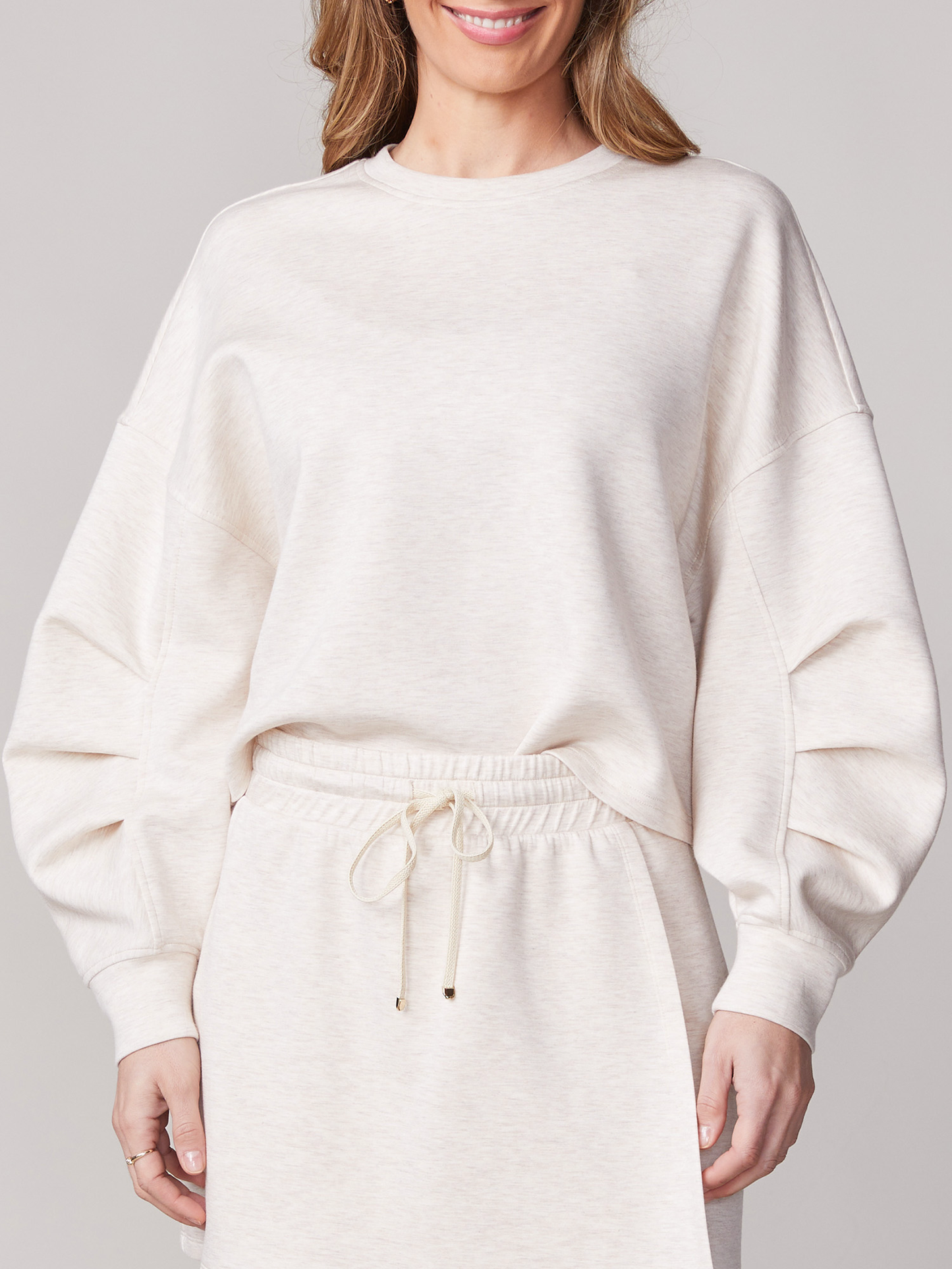 Pleat Sleeve Cropped Crewneck - Heather Oatmeal