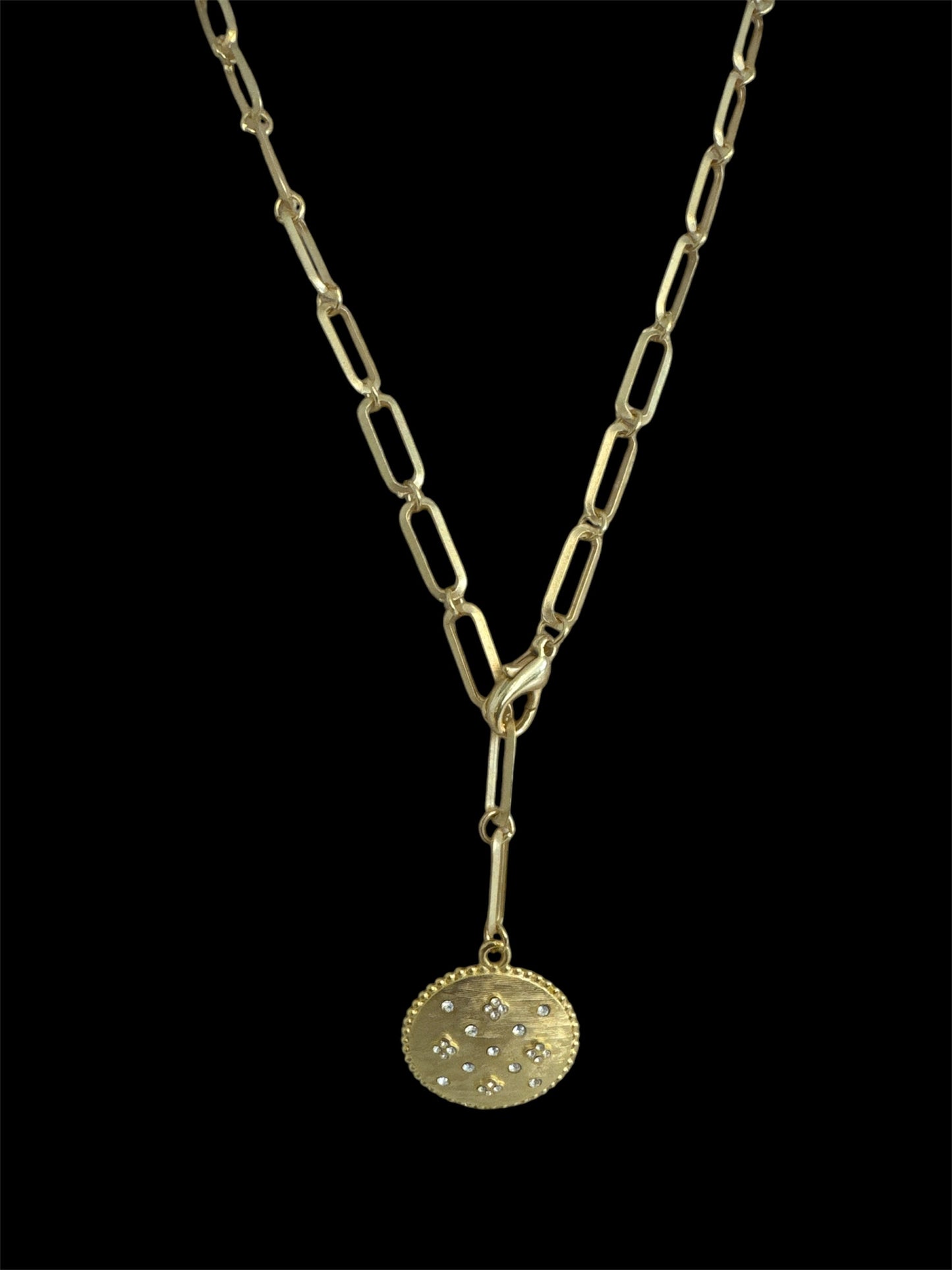 Gold Paper Clip Necklace with Round Disc and Pave Flowers