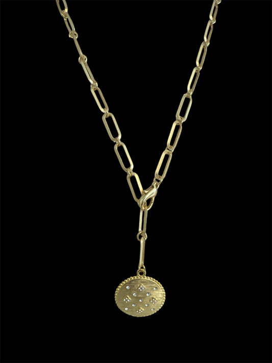 Gold Paper Clip Necklace with Round Disc and Pave Flowers