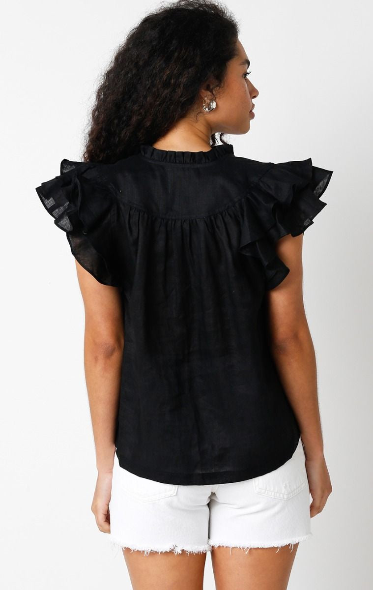 Linen Top with Ruffle Cap Sleeve