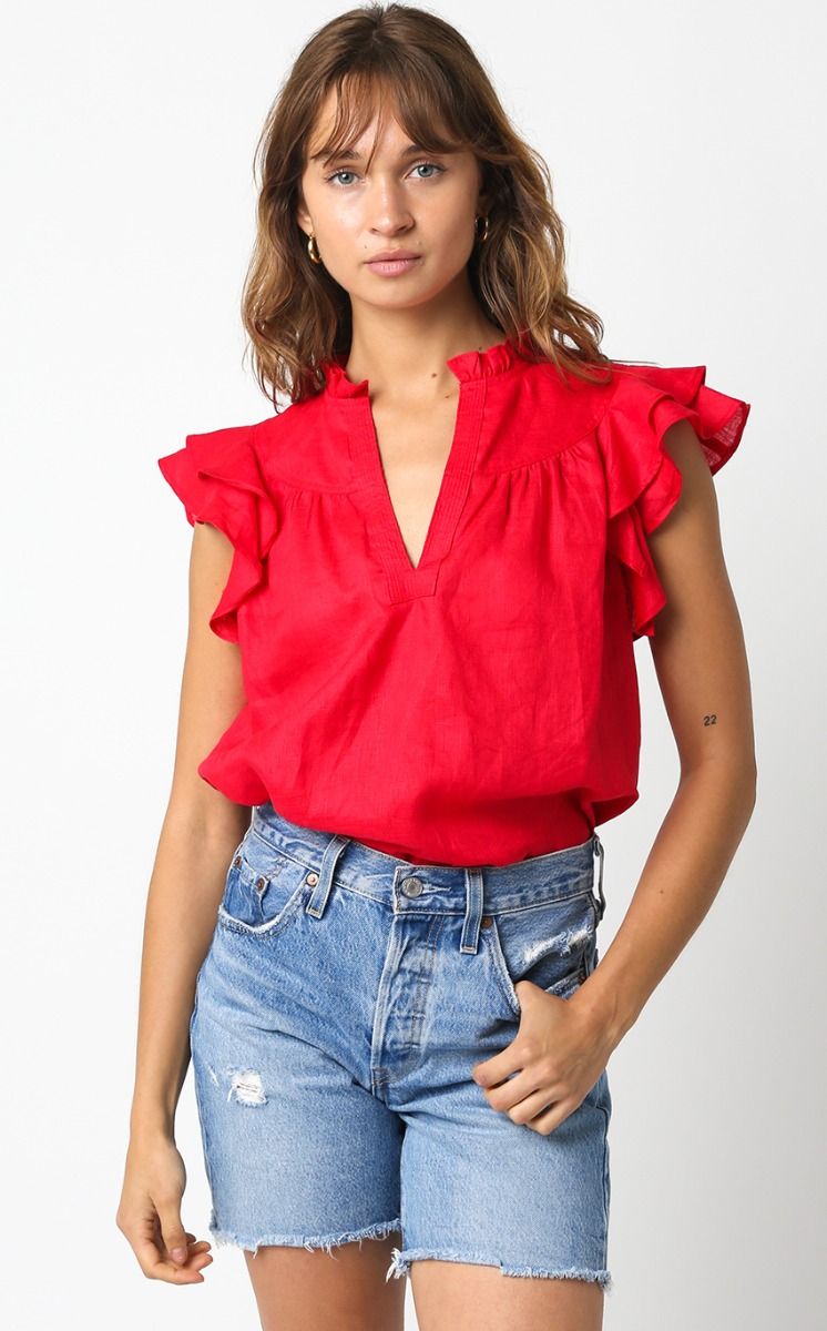 Linen Top with Ruffle Cap Sleeve