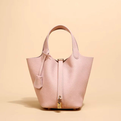 Leather Handbag with Lock - Petal Pink