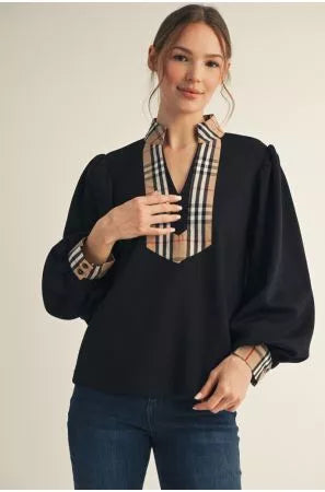 Long Puff Sleeve Top - Black and Plaid