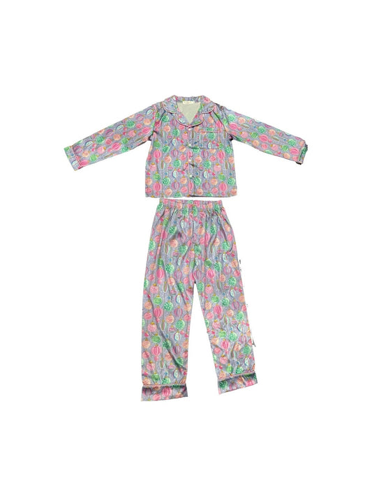 Ornament Print Long Sleeve Silk Pajama Set