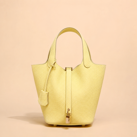 Leather Handbag with Lock - Chartreuse Yellow