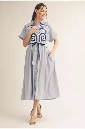Pin Stripe Navy Applique Midi Dress