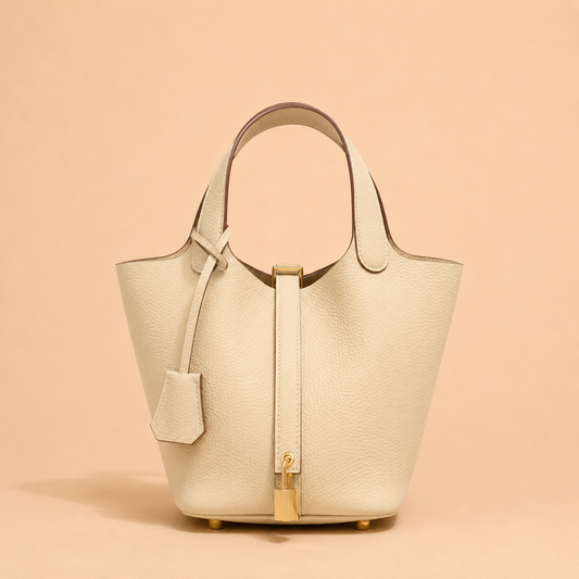 Leather Handbag with Lock - Ecru White