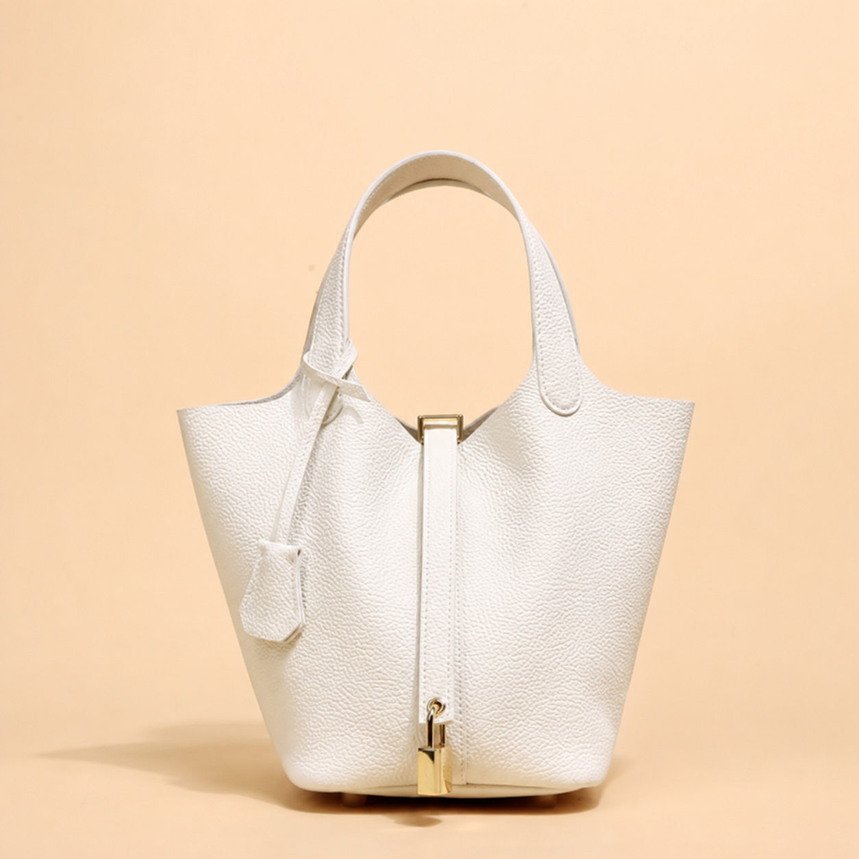 Leather Handbag with Lock - Classic White