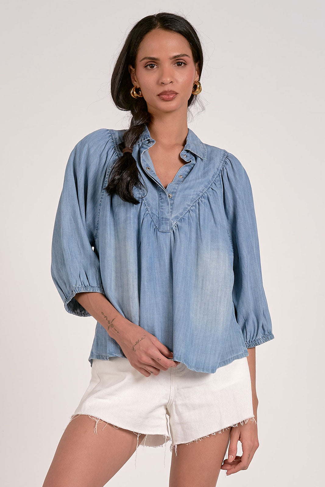 Bubble Cap Sleeve Button Down Shirt