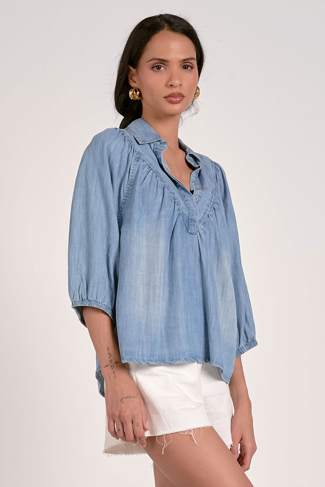 Bubble Cap Sleeve Button Down Shirt