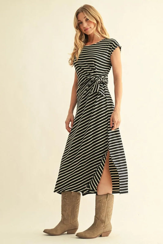 Drop Shoulder Stripe Midi Dress - Black