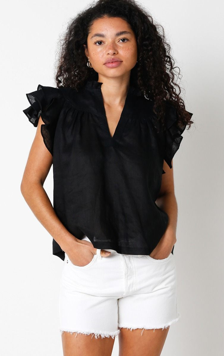 Linen Top with Ruffle Cap Sleeve