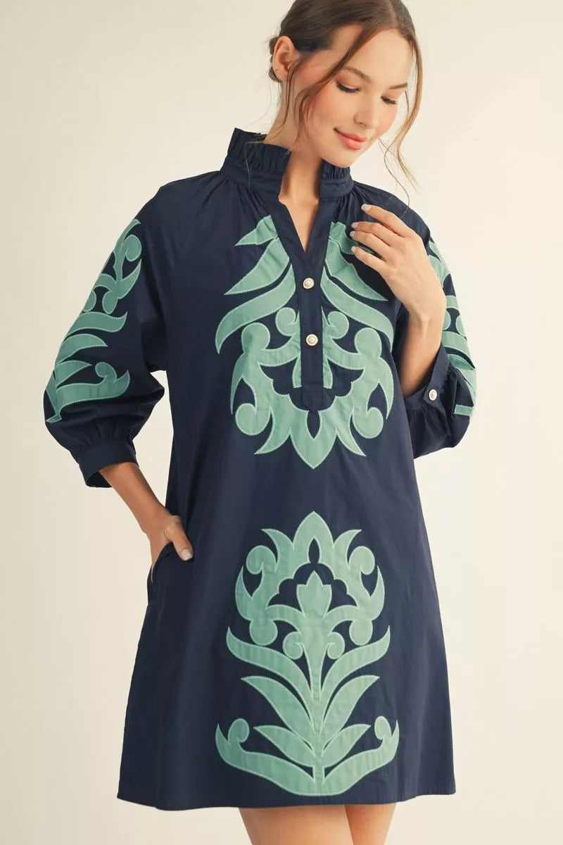 Aqua Applique Floral Mini Dress