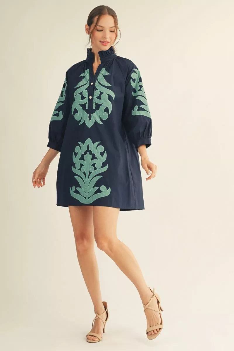 Aqua Applique Floral Mini Dress