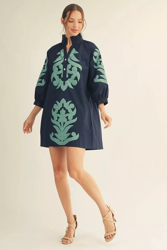 Aqua Applique Floral Mini Dress