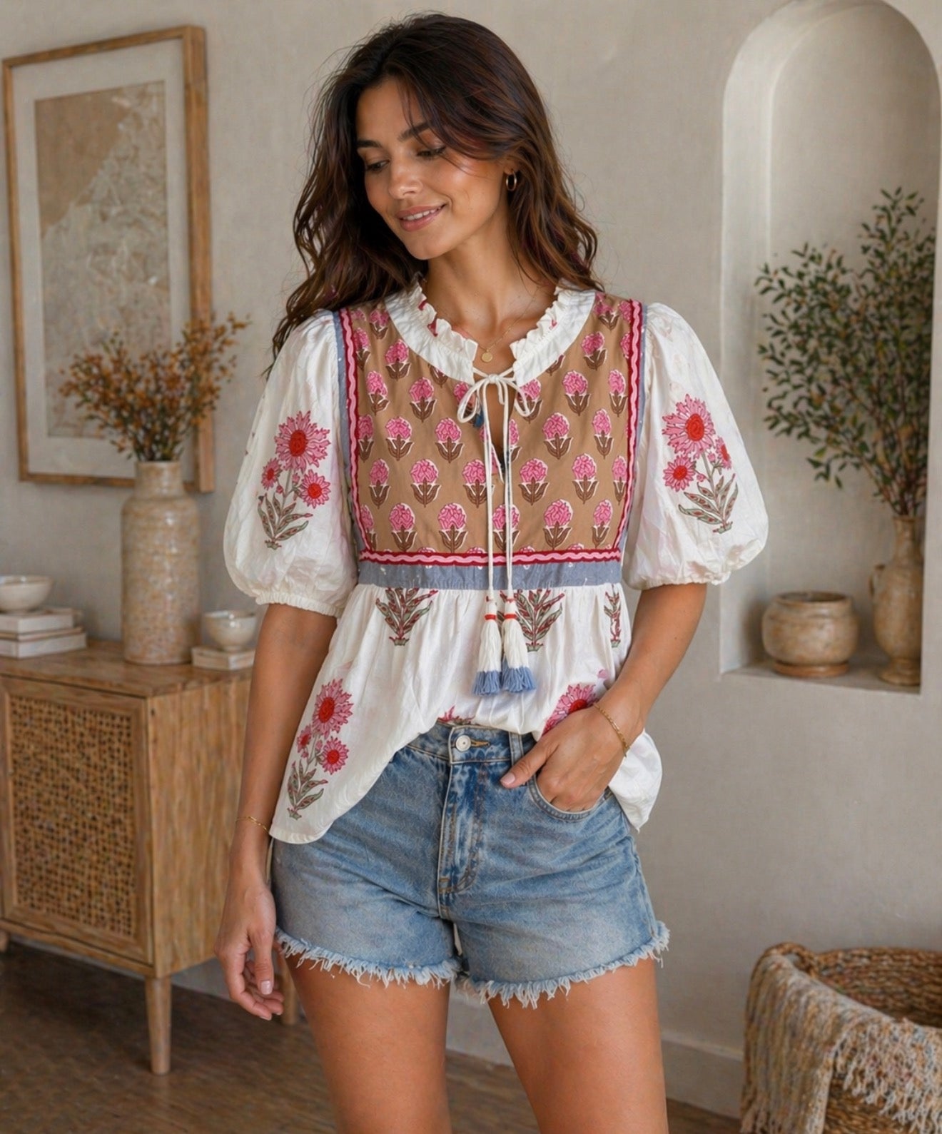 Puff sleeve floral pattern tassel top